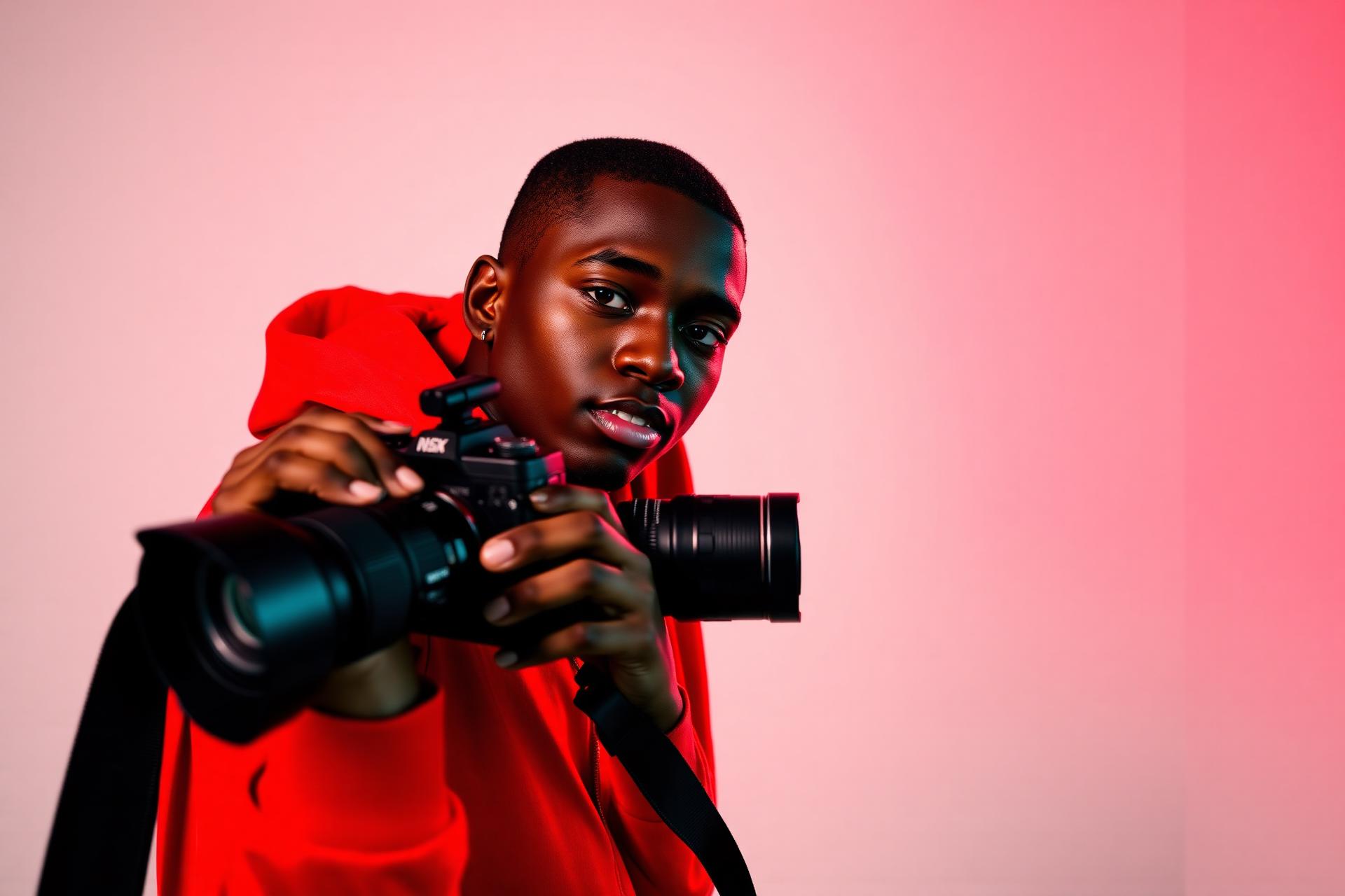 Young African American creative holding a professional camera